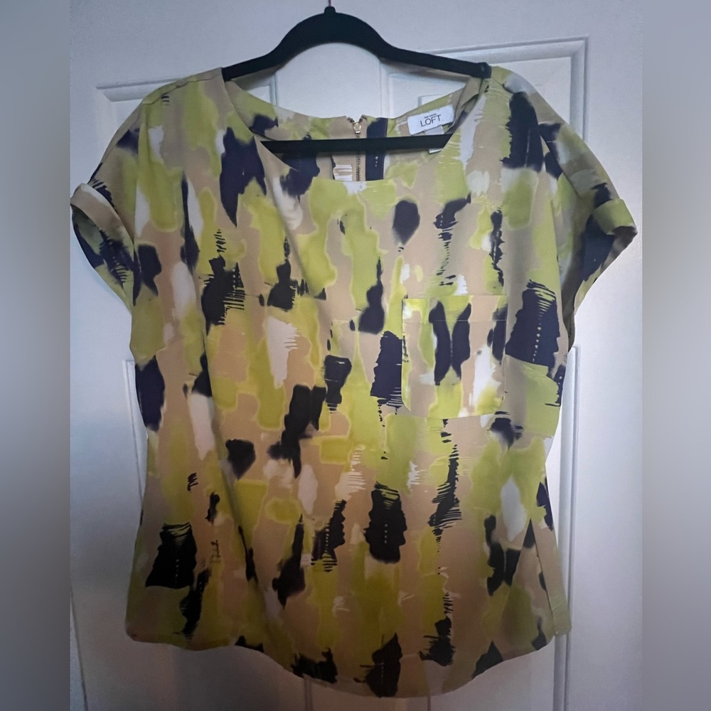 LOFT tan, blue and green modern print blouse
